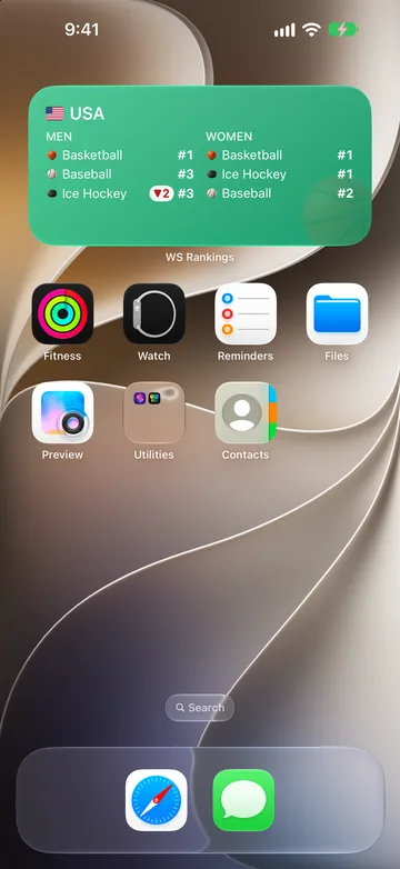 The medium WS Rankings widget on an iPhone Home Screen, showing USA's top men's and women's ranks